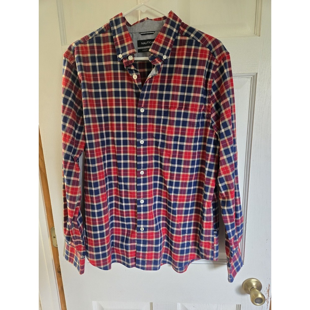 Nautica Men's Classic Fit Long Sleeve Button-Up Shirt Striped Blue, Size Large